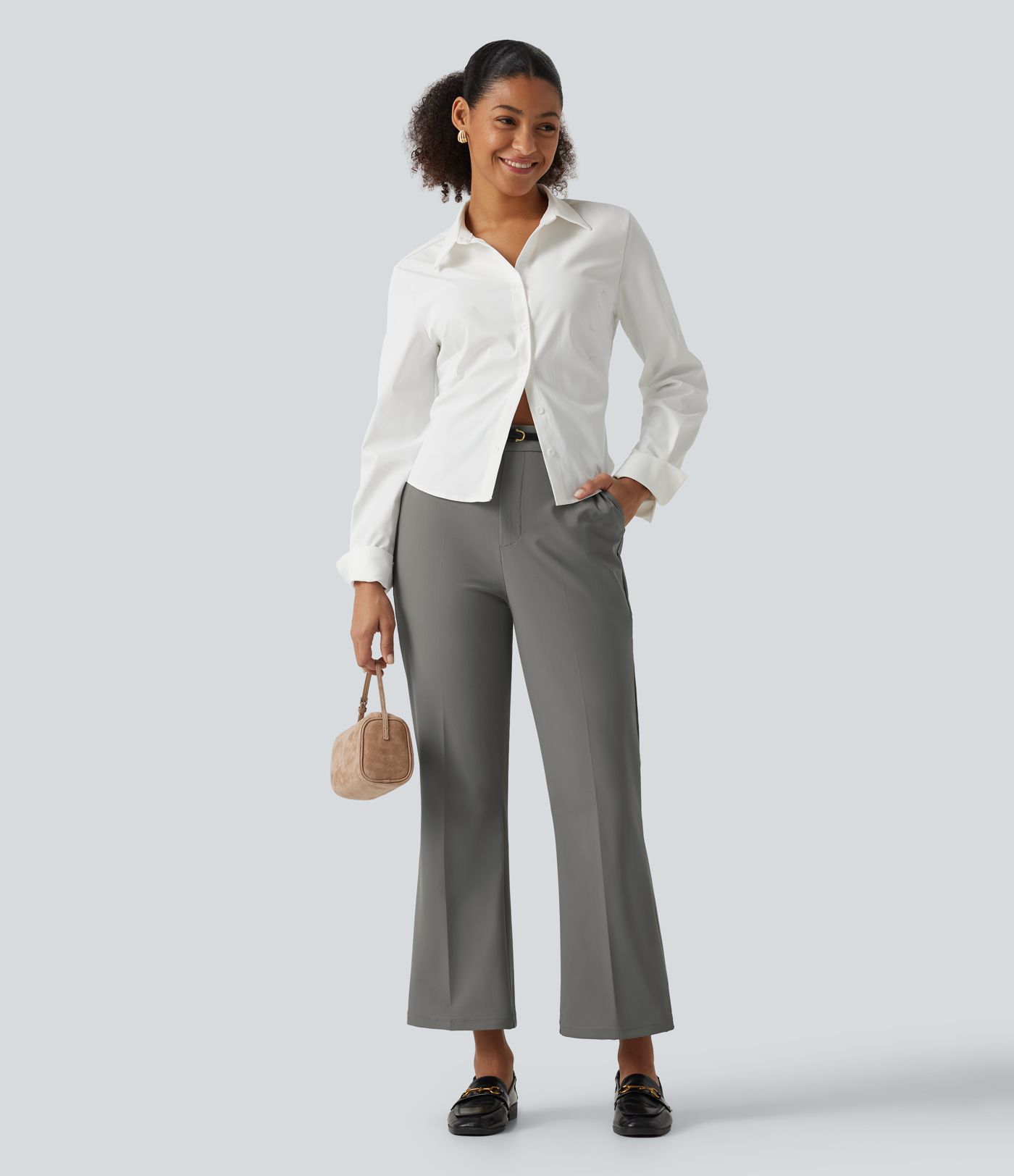 Wrinkle Recovery High Waisted Work Bootcut Pants with Pockets