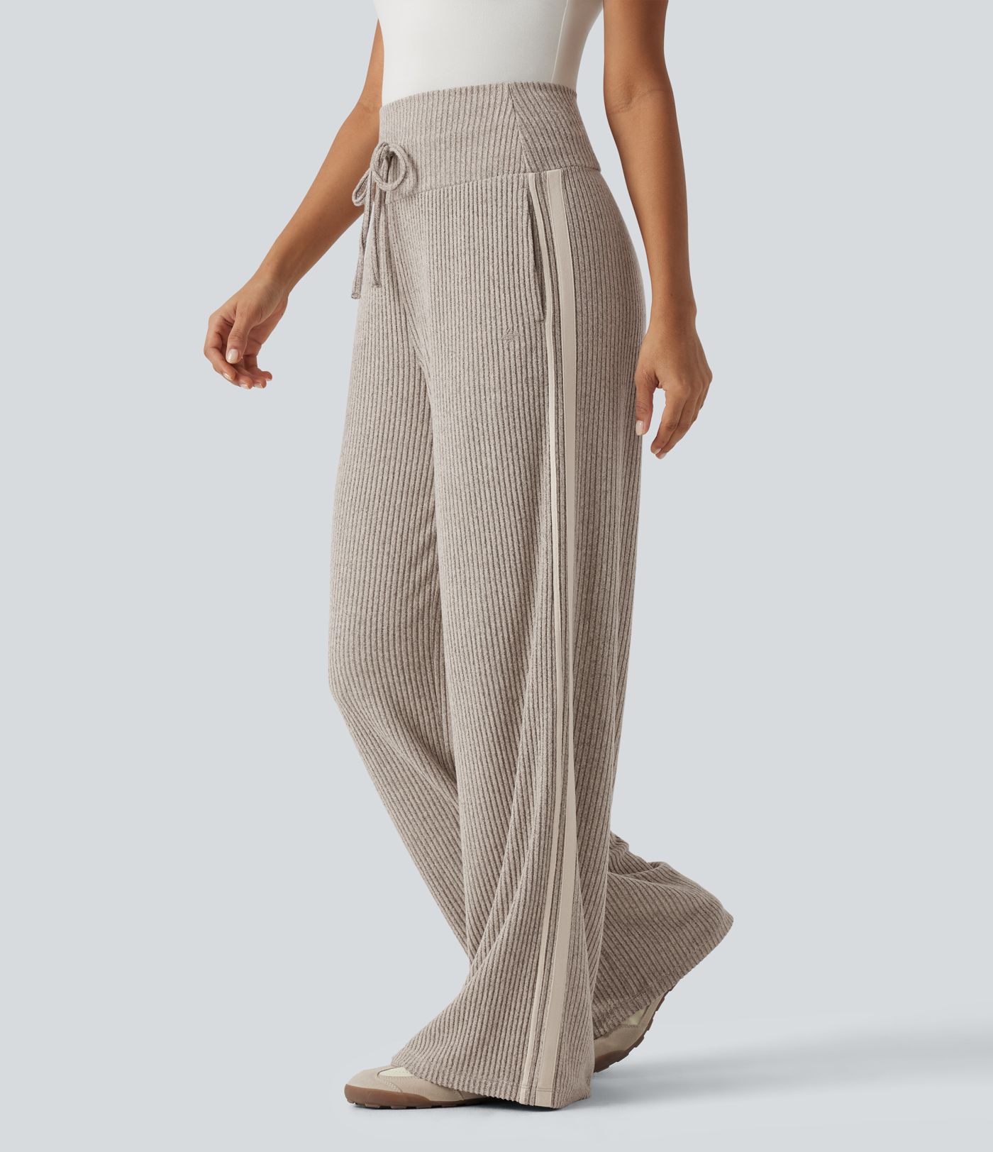 Ribbed Knit High Waisted Drawstring Side Stripe Casual Pants with Pockets Ribbed Knit High Waisted Drawstring Side Stripe Casual Pants with Pockets