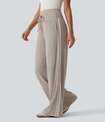 Ribbed Knit High Waisted Drawstring Side Stripe Casual Pants with Pockets Ribbed Knit High Waisted Drawstring Side Stripe Casual Pants with Pockets