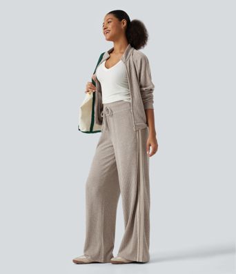 Ribbed Knit High Waisted Drawstring Side Stripe Casual Pants with Pockets Ribbed Knit High Waisted Drawstring Side Stripe Casual Pants with Pockets