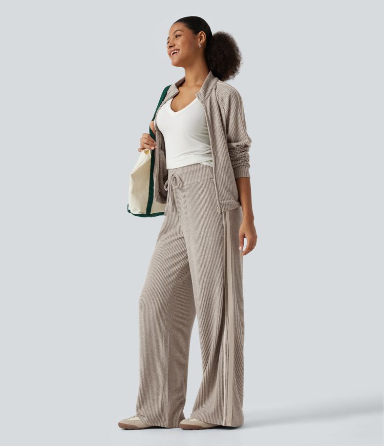 Ribbed Knit High Waisted Drawstring Side Stripe Casual Pants with Pockets Ribbed Knit High Waisted Drawstring Side Stripe Casual Pants with Pockets