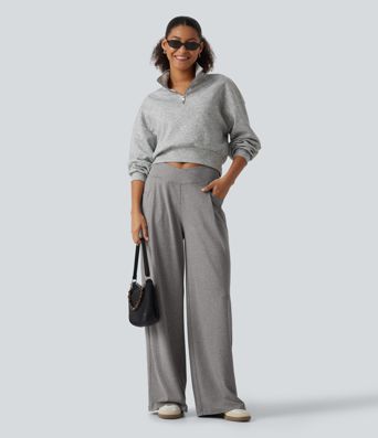 High Waisted Crossover Heathered Wide Leg Casual Pants with Pockets