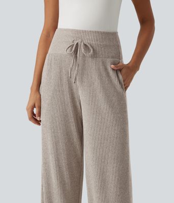 Ribbed Knit High Waisted Drawstring Side Stripe Casual Pants with Pockets Ribbed Knit High Waisted Drawstring Side Stripe Casual Pants with Pockets