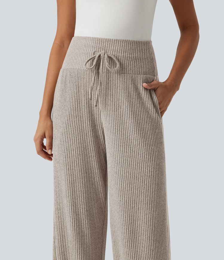Ribbed Knit High Waisted Drawstring Side Stripe Casual Pants with Pockets Ribbed Knit High Waisted Drawstring Side Stripe Casual Pants with Pockets