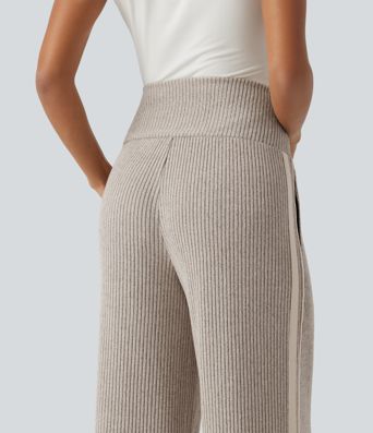 Ribbed Knit High Waisted Drawstring Side Stripe Casual Pants with Pockets Ribbed Knit High Waisted Drawstring Side Stripe Casual Pants with Pockets