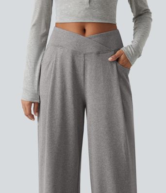 High Waisted Crossover Heathered Wide Leg Casual Pants with Pockets