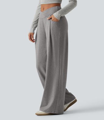 High Waisted Crossover Heathered Wide Leg Casual Pants with Pockets