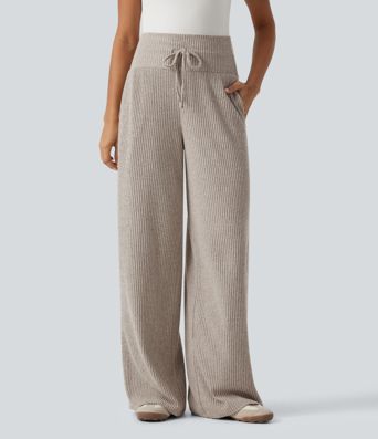 Ribbed Knit High Waisted Drawstring Side Stripe Casual Pants with Pockets Ribbed Knit High Waisted Drawstring Side Stripe Casual Pants with Pockets
