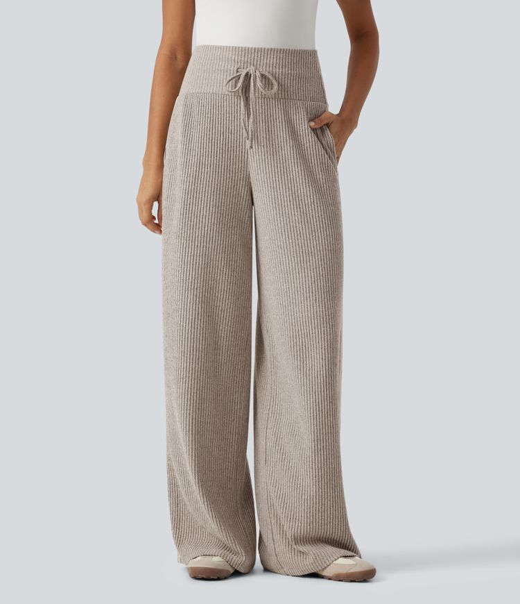 Ribbed Knit High Waisted Drawstring Side Stripe Casual Pants with Pockets Ribbed Knit High Waisted Drawstring Side Stripe Casual Pants with Pockets