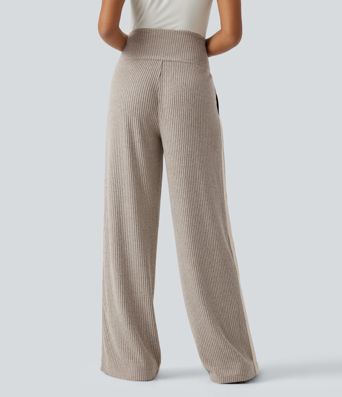 Ribbed Knit High Waisted Drawstring Side Stripe Casual Pants with Pockets Ribbed Knit High Waisted Drawstring Side Stripe Casual Pants with Pockets