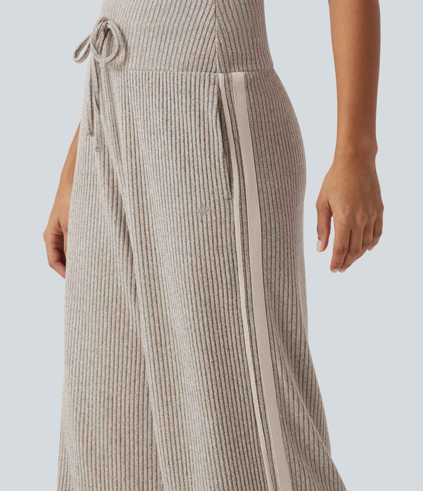 Ribbed Knit High Waisted Drawstring Side Stripe Casual Pants with Pockets Ribbed Knit High Waisted Drawstring Side Stripe Casual Pants with Pockets