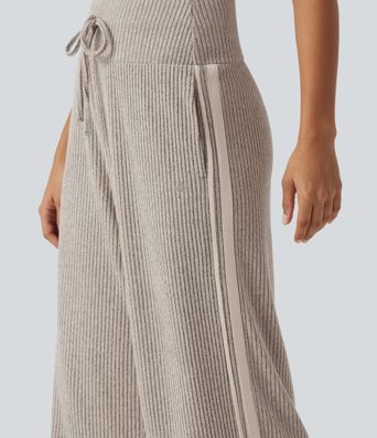 Ribbed Knit High Waisted Drawstring Side Stripe Casual Pants with Pockets Ribbed Knit High Waisted Drawstring Side Stripe Casual Pants with Pockets