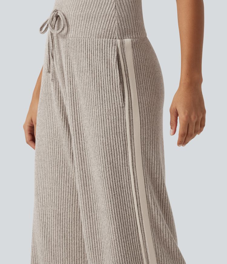 Ribbed Knit High Waisted Drawstring Side Stripe Casual Pants with Pockets Ribbed Knit High Waisted Drawstring Side Stripe Casual Pants with Pockets