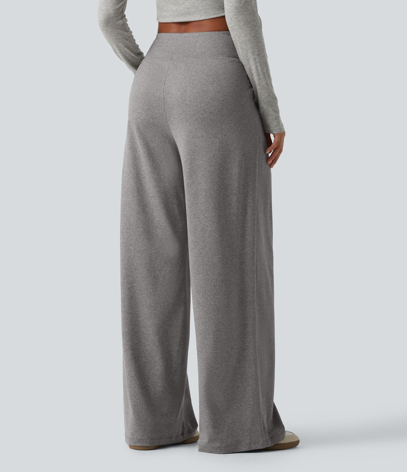 High Waisted Crossover Heathered Wide Leg Casual Pants with Pockets
