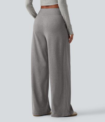 High Waisted Crossover Heathered Wide Leg Casual Pants with Pockets