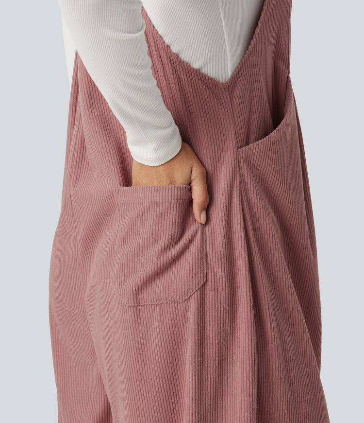 Sleeveless Pleated Corduroy Casual Overalls with Pockets Sleeveless Pleated Corduroy Casual Overalls with Pockets