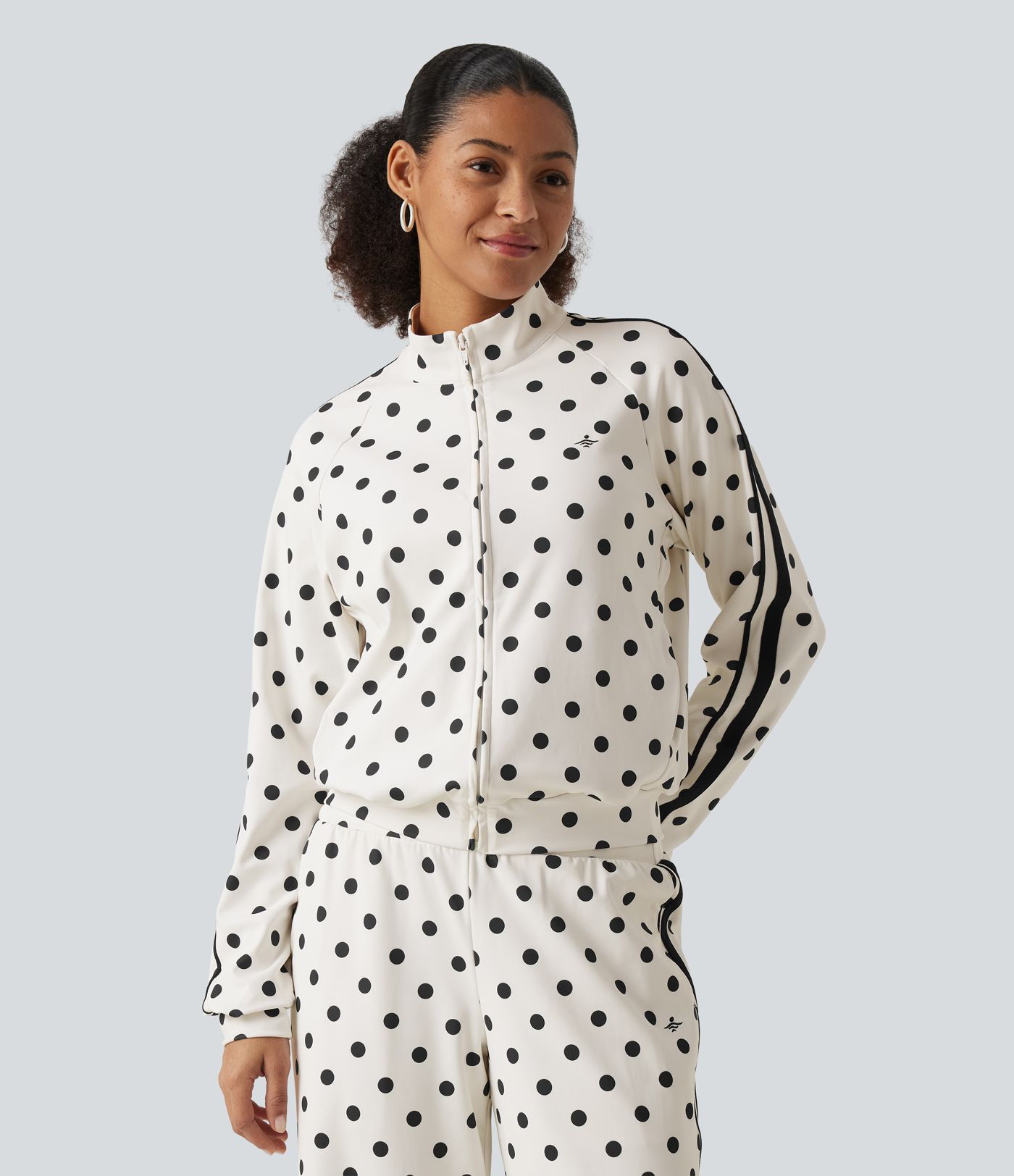 Stand Collar Polka Dot Side Stripe Casual Track Jacket with Pockets Stand Collar Polka Dot Side Stripe Casual Track Jacket with Pockets