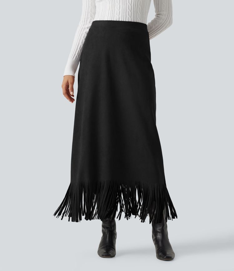 High Waisted Fringe Hem A-Line Suede Causal Midi Skirt