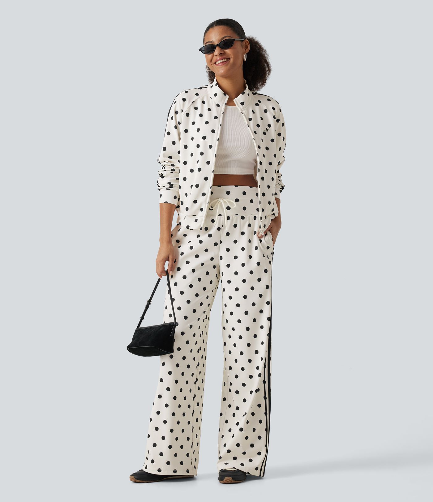 Stand Collar Polka Dot Side Stripe Casual Track Jacket with Pockets Stand Collar Polka Dot Side Stripe Casual Track Jacket with Pockets