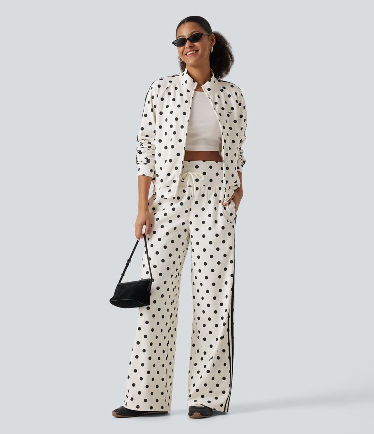 Stand Collar Polka Dot Side Stripe Casual Track Jacket with Pockets Stand Collar Polka Dot Side Stripe Casual Track Jacket with Pockets