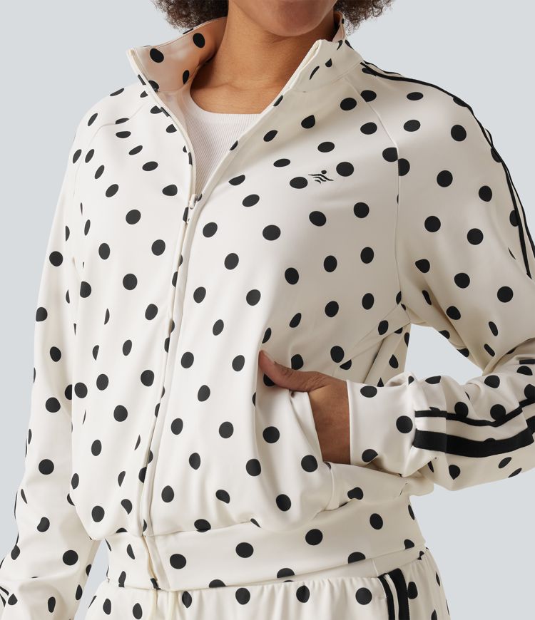 Stand Collar Polka Dot Side Stripe Casual Track Jacket with Pockets Stand Collar Polka Dot Side Stripe Casual Track Jacket with Pockets