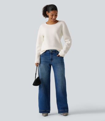 Round Neck Dropped Shoulder Long Sleeve Sweater
