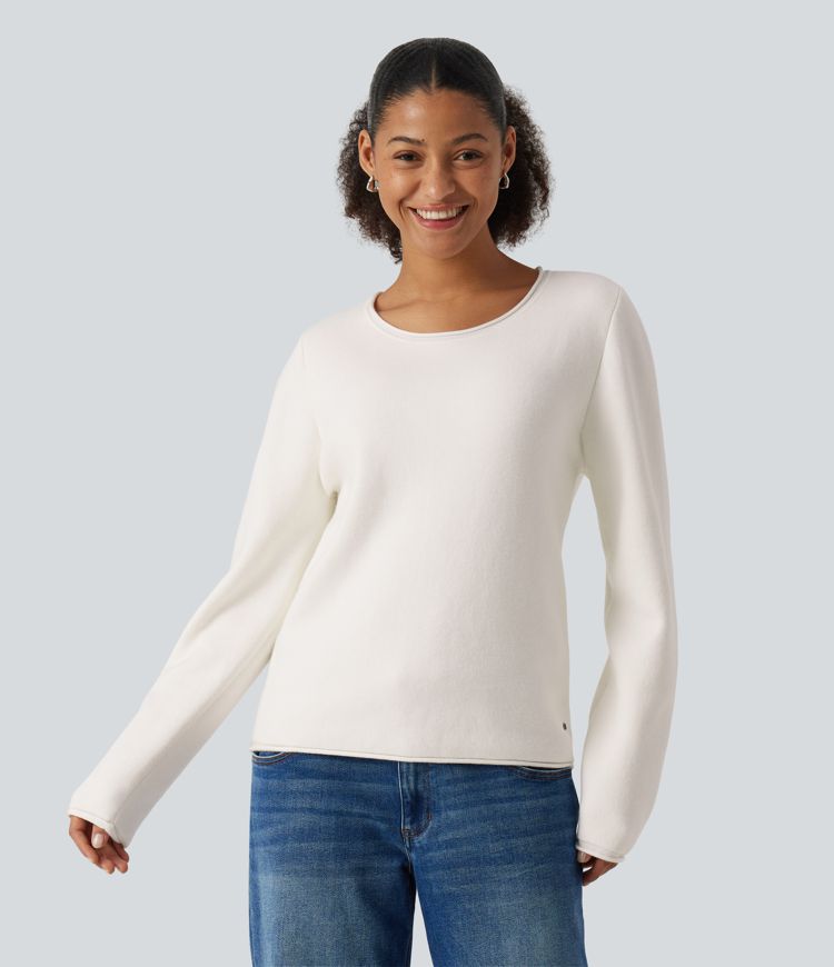 Round Neck Dropped Shoulder Long Sleeve Sweater