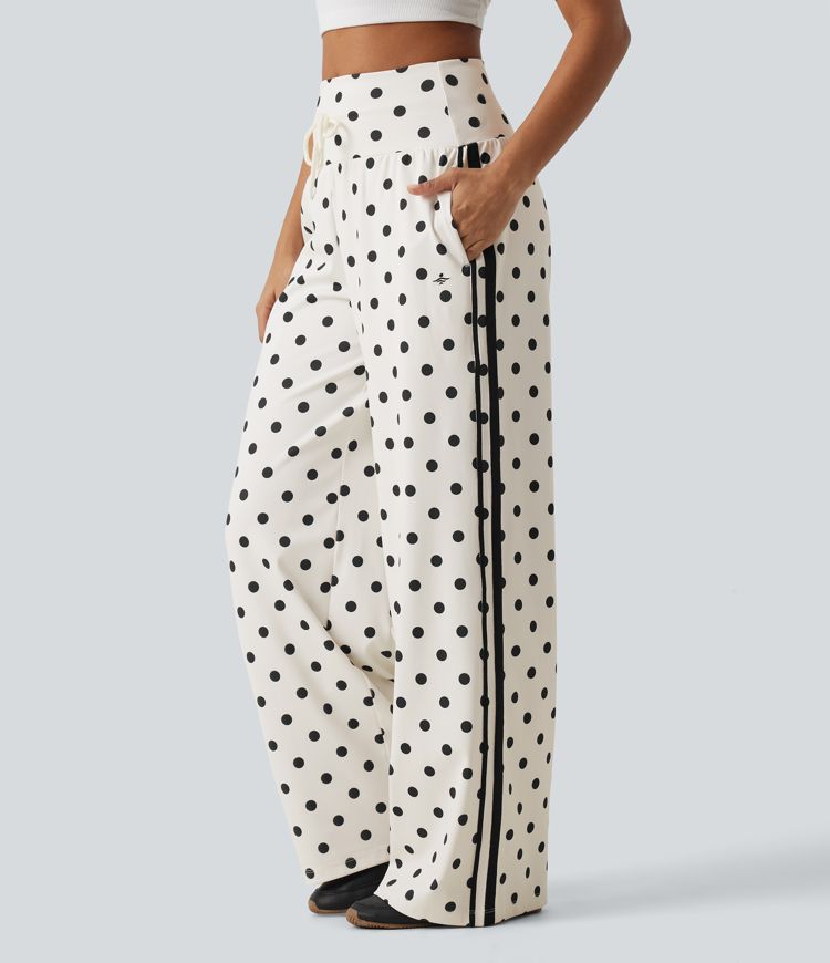 High Waisted Drawstring Tummy Control Polka Dot Side Stripe Wide Leg Casual Pants with Pockets