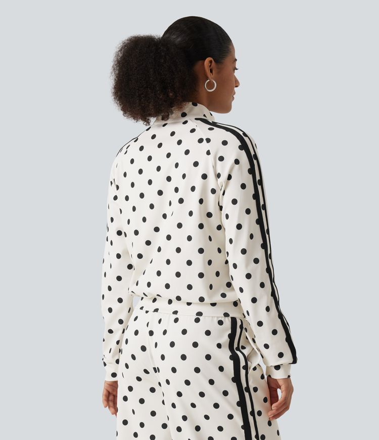 Stand Collar Polka Dot Side Stripe Casual Track Jacket with Pockets Stand Collar Polka Dot Side Stripe Casual Track Jacket with Pockets