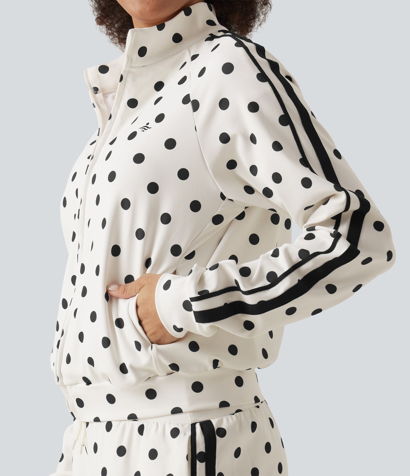Stand Collar Polka Dot Side Stripe Casual Track Jacket with Pockets Stand Collar Polka Dot Side Stripe Casual Track Jacket with Pockets