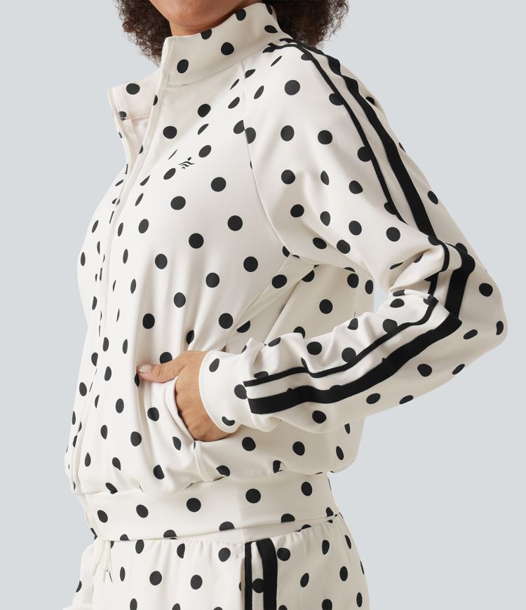 Stand Collar Polka Dot Side Stripe Casual Track Jacket with Pockets Stand Collar Polka Dot Side Stripe Casual Track Jacket with Pockets