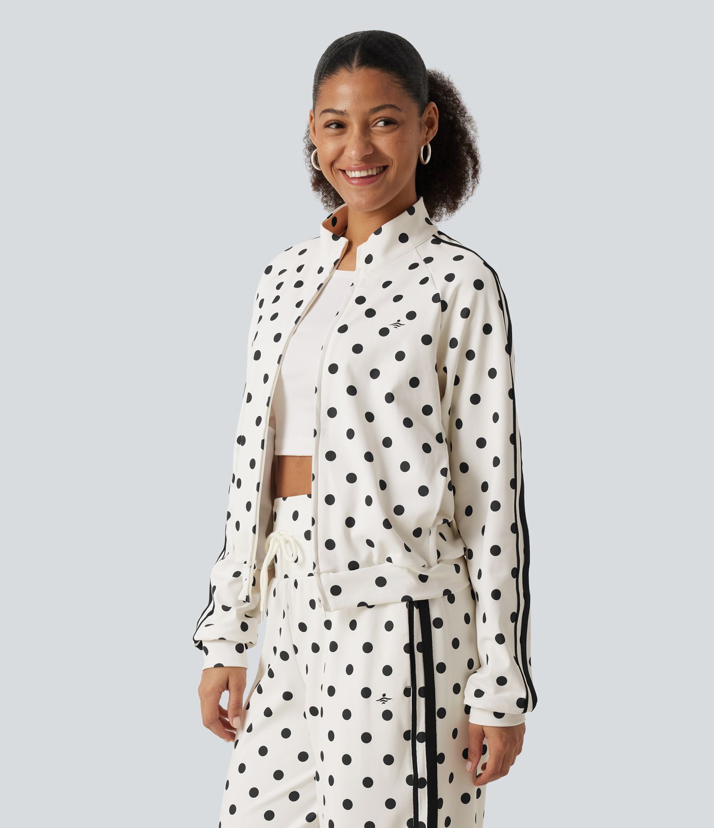 Stand Collar Polka Dot Side Stripe Casual Track Jacket with Pockets Stand Collar Polka Dot Side Stripe Casual Track Jacket with Pockets