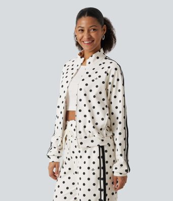 Stand Collar Polka Dot Side Stripe Casual Track Jacket with Pockets Stand Collar Polka Dot Side Stripe Casual Track Jacket with Pockets