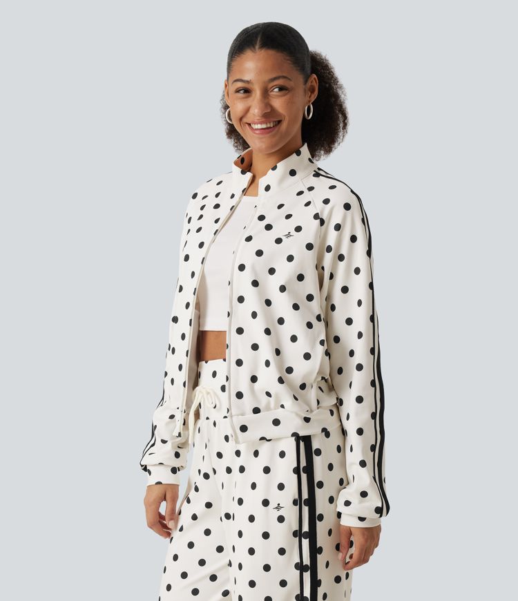 Stand Collar Polka Dot Side Stripe Casual Track Jacket with Pockets Stand Collar Polka Dot Side Stripe Casual Track Jacket with Pockets