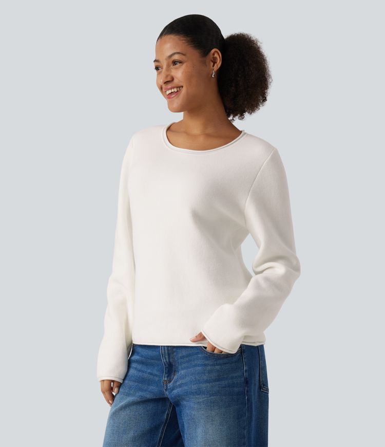 Round Neck Dropped Shoulder Long Sleeve Sweater