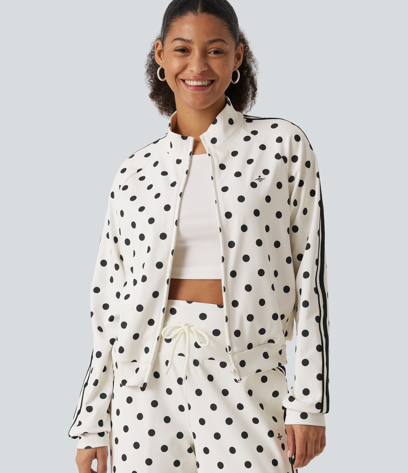 Stand Collar Polka Dot Side Stripe Casual Track Jacket with Pockets Stand Collar Polka Dot Side Stripe Casual Track Jacket with Pockets