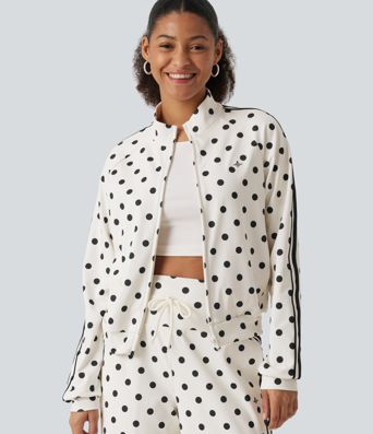 Stand Collar Polka Dot Side Stripe Casual Track Jacket with Pockets Stand Collar Polka Dot Side Stripe Casual Track Jacket with Pockets