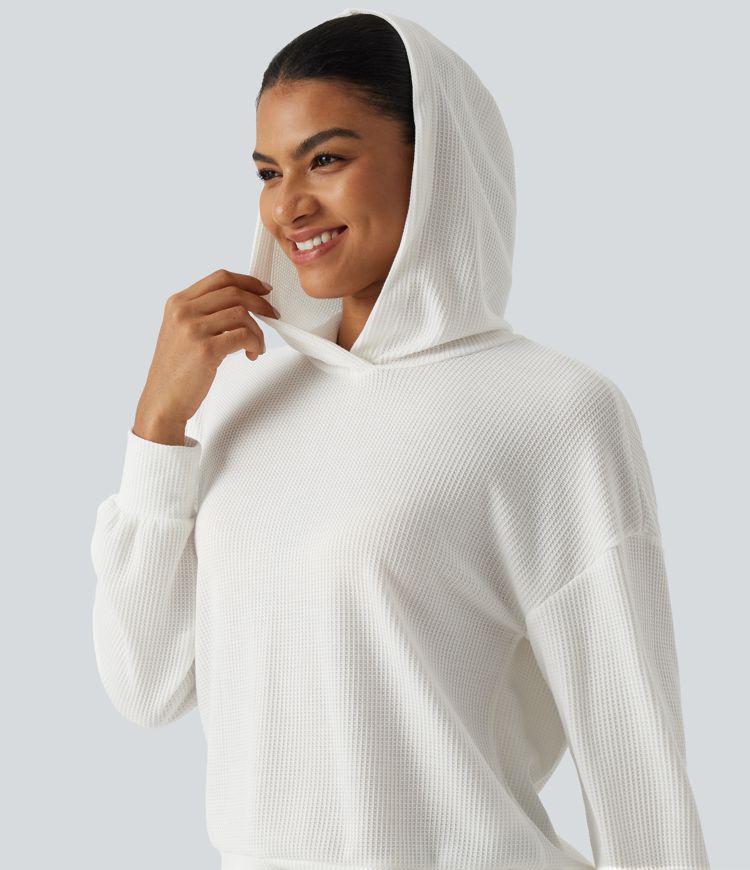 Hooded Drop Shoulder Long Sleeve Waffle Casual Sweatshirt Hooded Drop Shoulder Long Sleeve Waffle Casual Sweatshirt