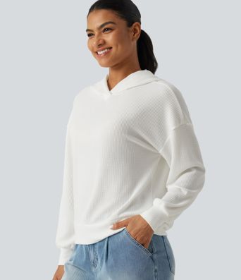Hooded Drop Shoulder Long Sleeve Waffle Casual Sweatshirt Hooded Drop Shoulder Long Sleeve Waffle Casual Sweatshirt