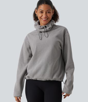 Fleece-Sweatshirt mit hohem Kragen, Kordelzug, langen Ärmeln und gerafftem Saum