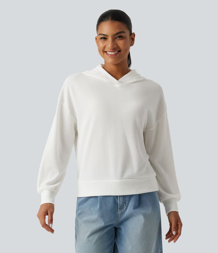 Hooded Drop Shoulder Long Sleeve Waffle Casual Sweatshirt Hooded Drop Shoulder Long Sleeve Waffle Casual Sweatshirt