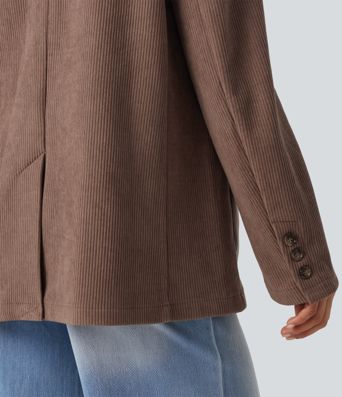 Notched Collar Long Sleeve Corduroy Casual Blazer with Pockets