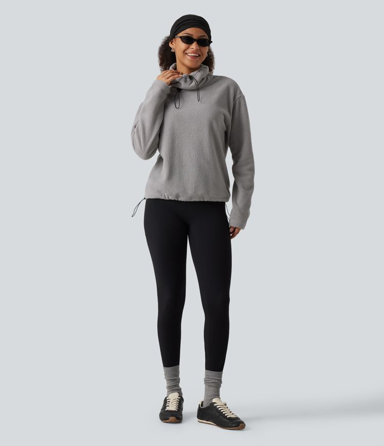 Fleece-Sweatshirt mit hohem Kragen, Kordelzug, langen Ärmeln und gerafftem Saum