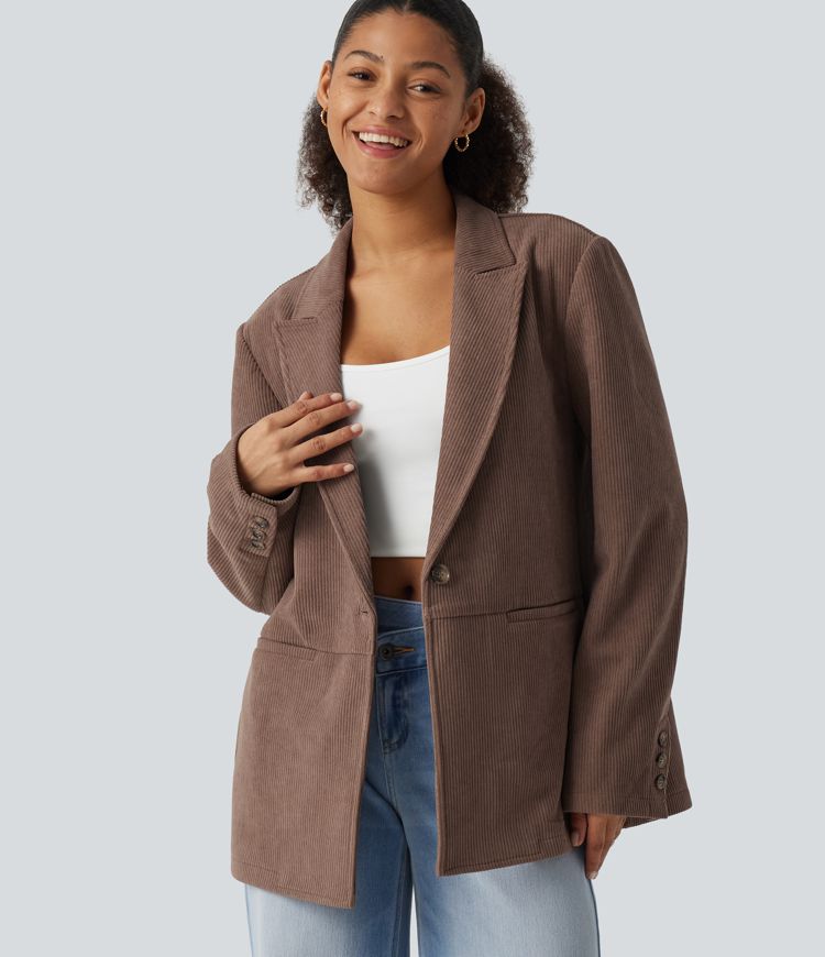 Notched Collar Long Sleeve Corduroy Casual Blazer with Pockets