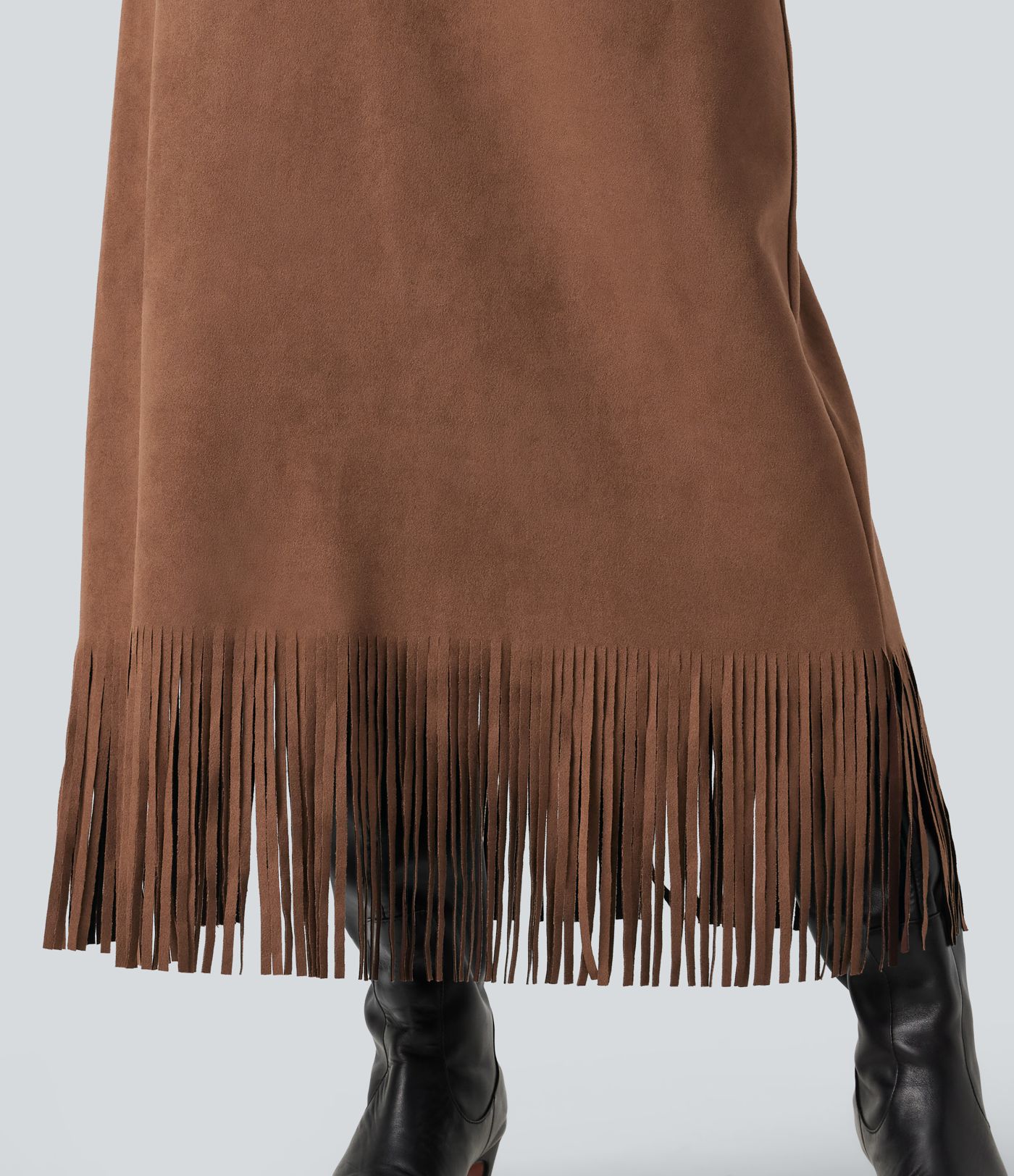 High Waisted Fringe Hem A-Line Suede Causal Midi Skirt