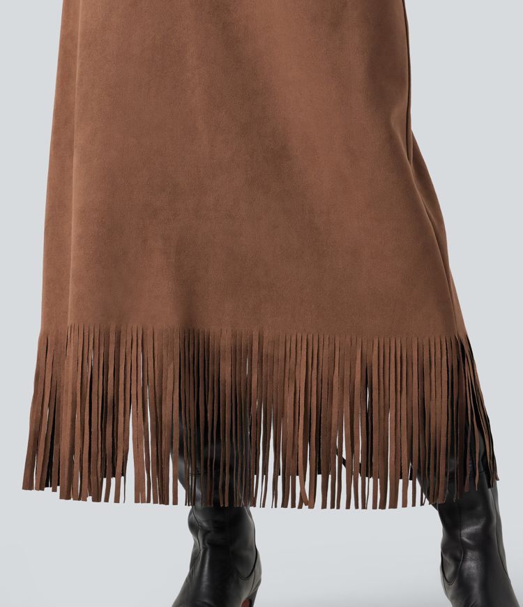 High Waisted Fringe Hem A-Line Suede Causal Midi Skirt