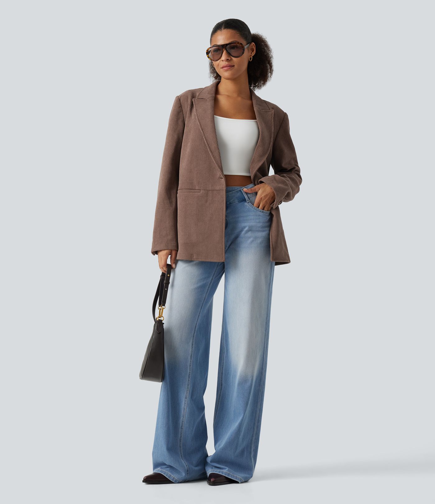 Notched Collar Long Sleeve Corduroy Casual Blazer with Pockets