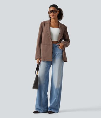 Notched Collar Long Sleeve Corduroy Casual Blazer with Pockets