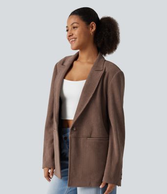 Notched Collar Long Sleeve Corduroy Casual Blazer with Pockets