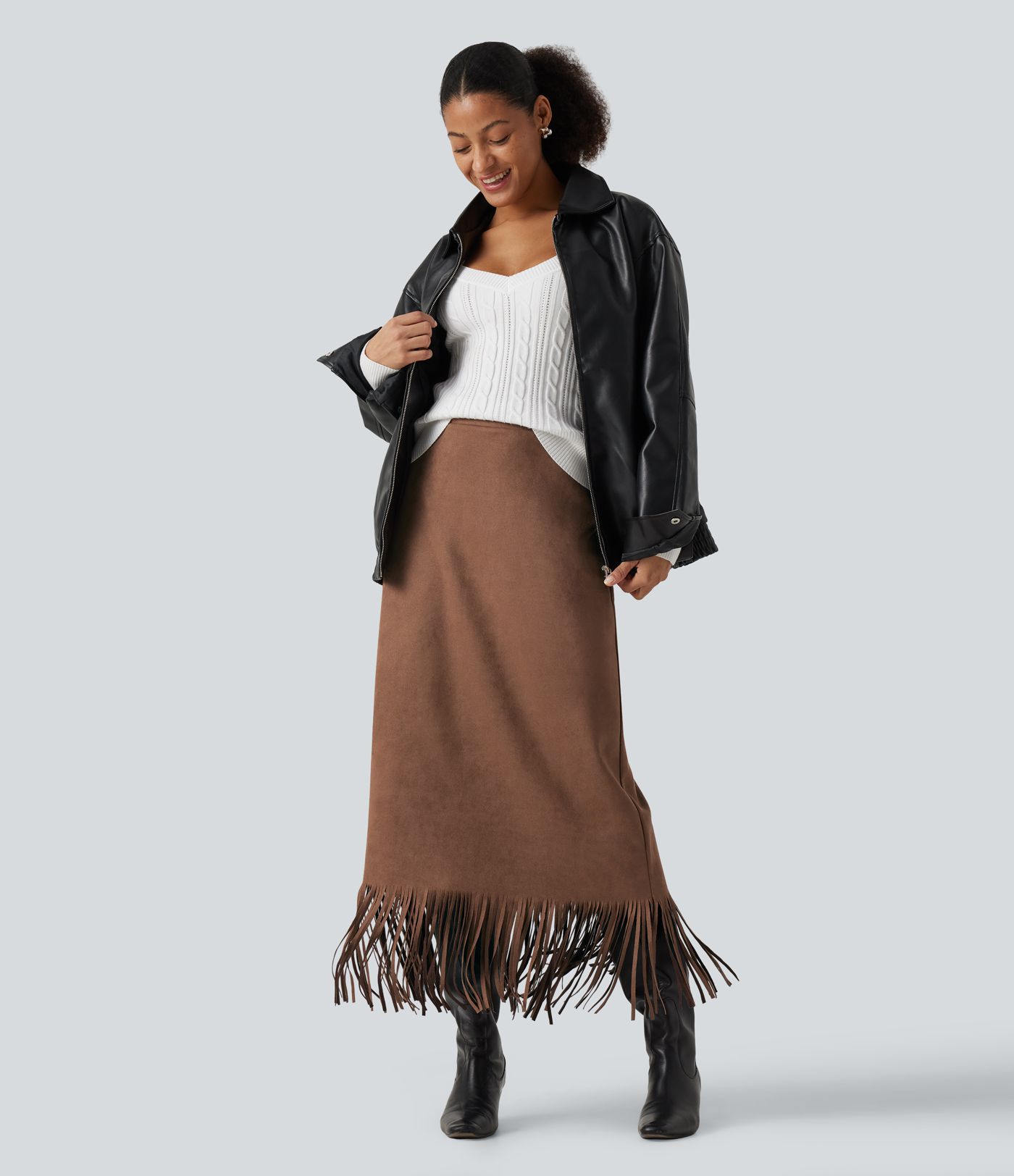 High Waisted Fringe Hem A-Line Suede Causal Midi Skirt